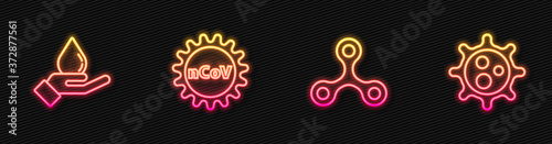 Set line Virus, Washing hands with soap, Corona virus 2019-nCoV and . Glowing neon icon. Vector.