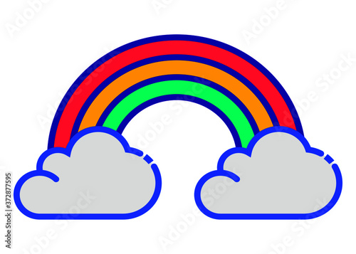 Rainbow with clouds. Bright vector illustration on blue sly background.
