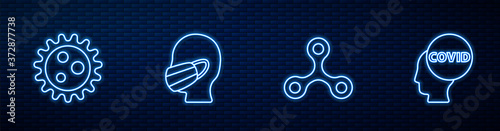 Set line Virus, , Face in a medical protective mask and Corona virus covid-19. Glowing neon icon on brick wall. Vector.