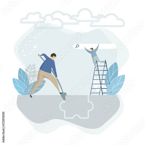 Flat digger man puzzle landing, great diggind design for any purposes. Successful business man working. Communication, connection concept. Corporate business puzzle concept. Successful business team