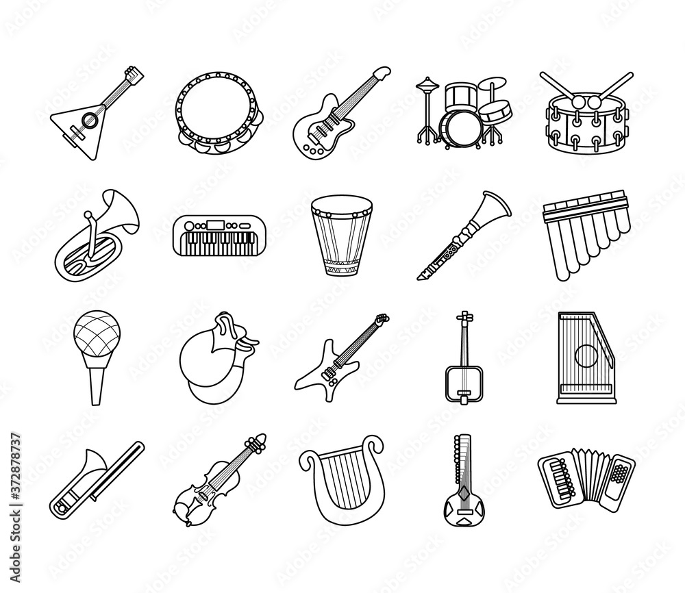 Fototapeta bundle of twenty musical instruments set icons