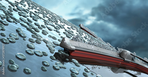Obraz na płótnie car wipers with red silicone coating sweep water from the car windshield 3d render against a cloudy sky w salonie