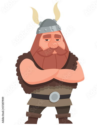 Viking with her arms crossed. Male character in cartoon style.