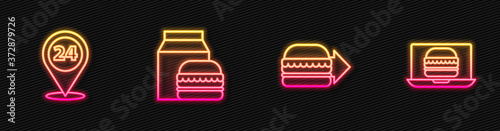 Set line Online ordering burger delivery, Round the clock, and and . Glowing neon icon. Vector.