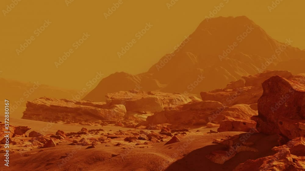 Scene from the red planet mars tonned in yellow color. Surface storm exploration of cosmos and other life forms, desert universe. 3D render animation