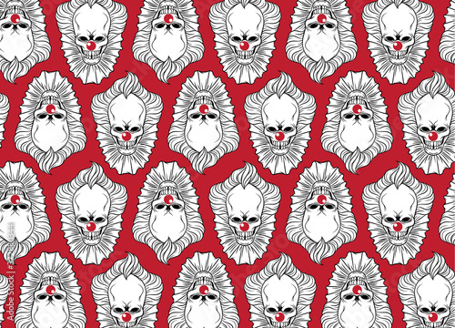 Seamless pattern with scary clown skulls faces on the red background