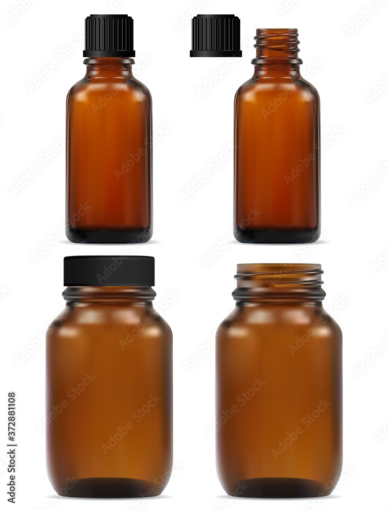 Brown glass apothecary bottle. Medicine jar mockup design for natural medicament. Vector flacon set for fish oil and e juice. Amber blank with black cap for science, pharmaceutical drug or cosmetic