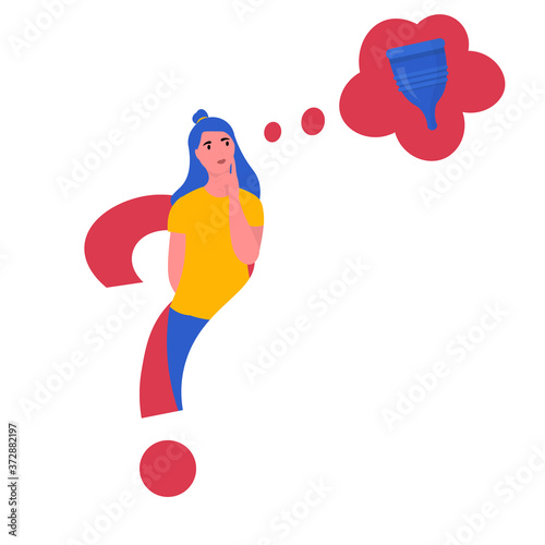 Young girl  thinking or making choice about eco friendly periods alternatives . Thoughtful women doubt about menstrual cup.  Cute illustration in flat style