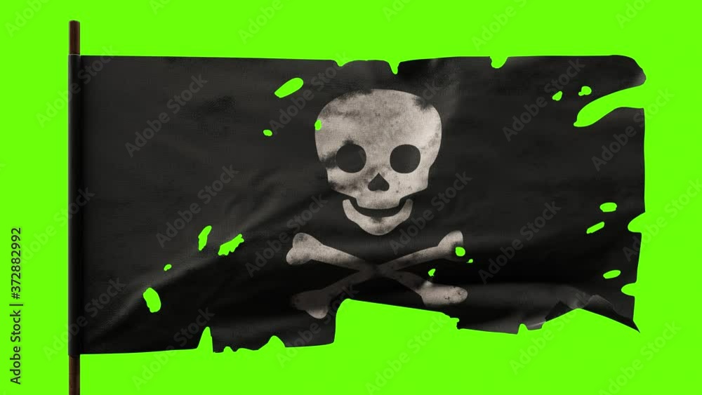 Old torn pirate flag waving. Skull and bones on green screen 4K looping 3D animation