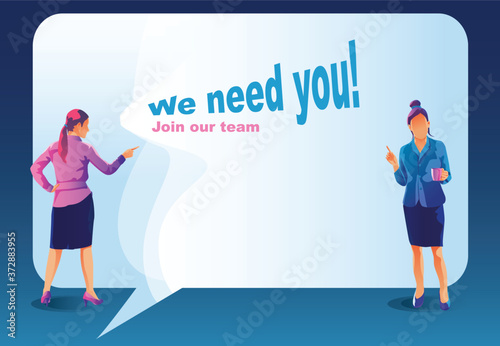 We are Hiring Concept with Huge Loudspeaker and Business People. Recruitment Agency Interview with Candidates. Human Resources with Megaphone. Join together in team work dream team Vector illustration