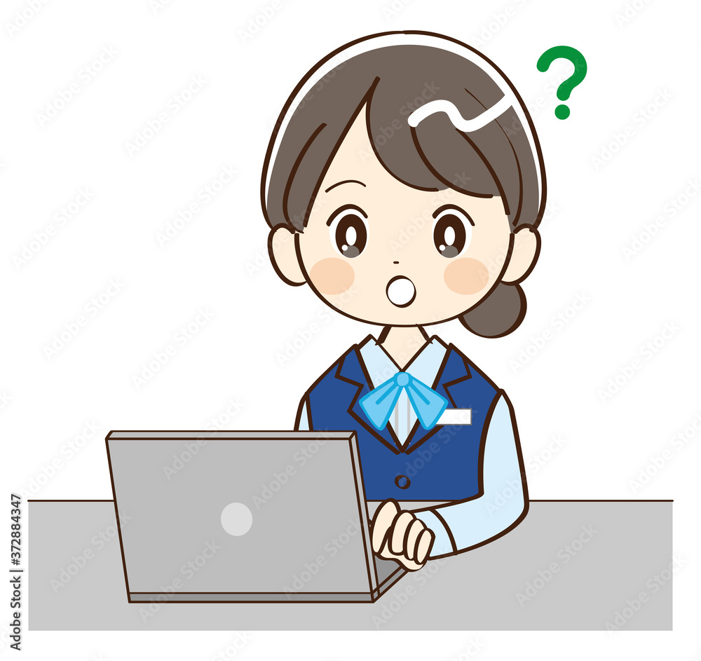 女性、銀行員、パソコン、質問 女性、銀行員、パソコン、質問