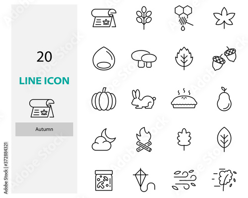 set of autumn thin line icons, mid autumn, leaves, maple