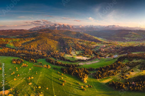 Podhale and Tatra Mountains from drone. Photos was taken in spring. Poland, Malopolskie Aerial footage