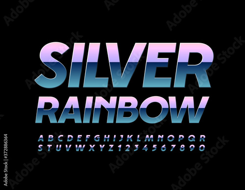 Vector art sign Silver Rainbow. Gradient metallic Font. Platinum reflective Alphabet Letters and Numbers