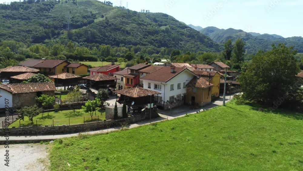 Bueño, beautiful village with horreos. Oviedo, Asturias.Spain. Aerial Drone Footage Bueño, beautiful village with horreos. Oviedo, Asturias.Spain. Aerial Drone Footage