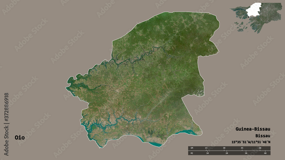 Oio, region of Guinea-Bissau, zoomed. Satellite