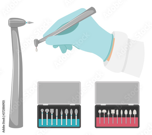 Dental drill and a set of cutters for it. The hand holds drill with a grinding nozzle.Different attachments for dental care,cleaning and treatment.Vector illustration in flat style. Isolated on white