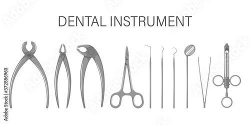 A set of dental tools. Instruments for treating and checking teeth and oral cavity. Dental clinic equipment. Flat style, vector illustration, isolated on white background.