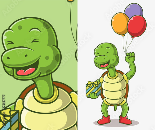 Cute turtle holding a balloon illustration. turtle cartoon character.