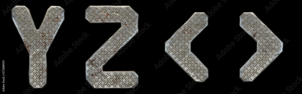 Set of capital letters Y, Z and symbol left and right angle bracket made of industrial metal isolated on black background. 3d