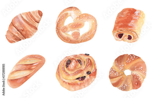 Bread Bun Croissant and Danish pastry Bakery Watercolor set