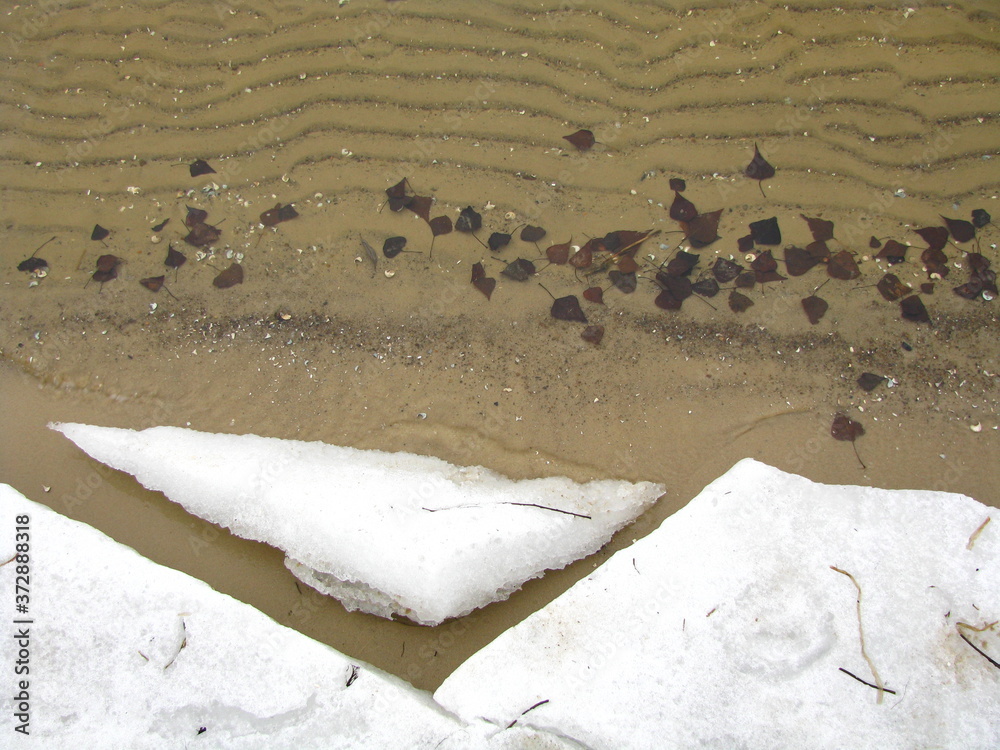 Zamarznięty brzeg rzeki z kawałkami lodu - obrazy, fototapety, plakaty 