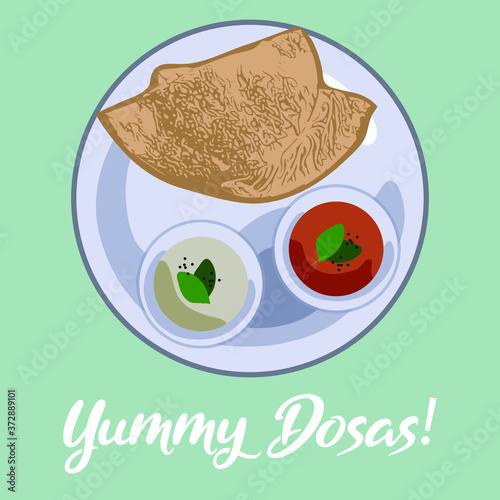 Top view of Dosas with Coconut chutney and tomato chutney