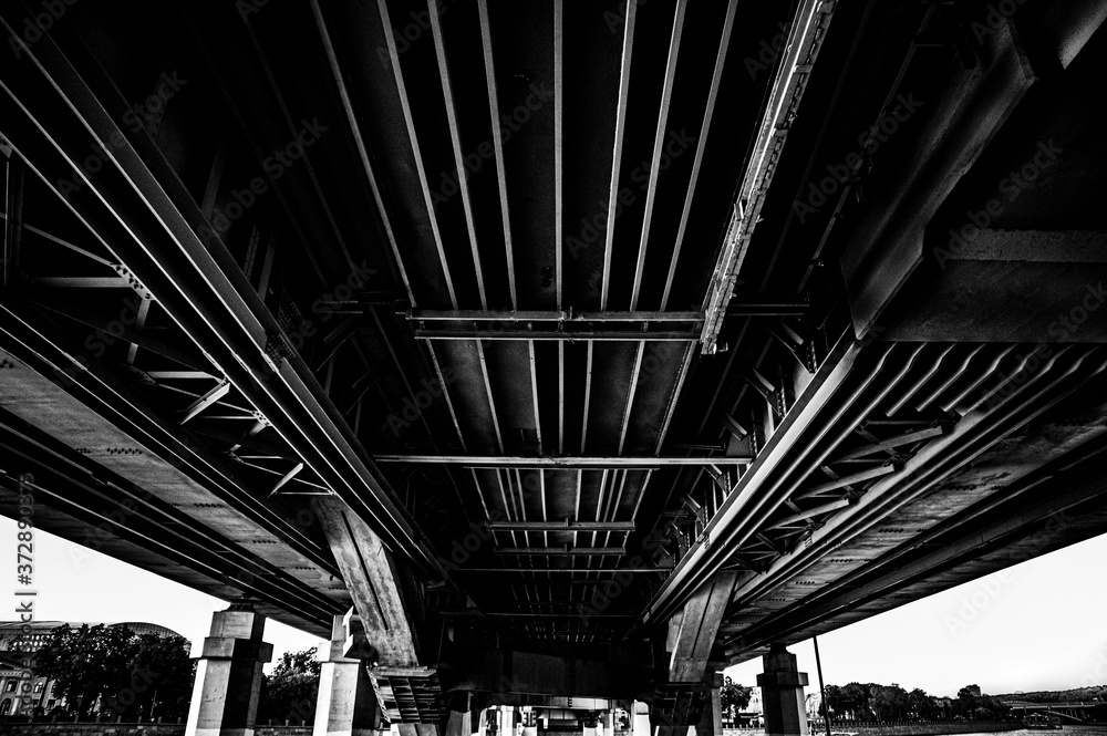 View from under the bridge. Black and white.