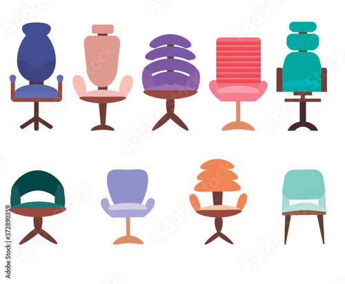 Set of modern office chairs and armchairs isolated on a white background. Vector illustration in flat style. Collection of furniture for office. vector set of modern armchairs