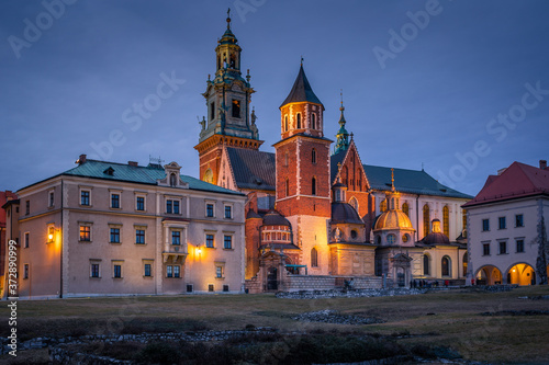 Wawel Castle in Cracow during blue hour. Poland Malopolska