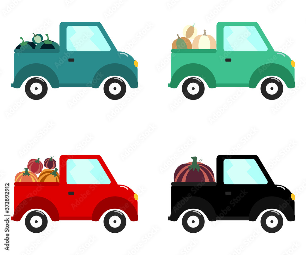 Naklejka premium Flat car collection whith pumpkin for concept design isolated vector illustration. Fall celebration. Autumn festival. Holiday decoration.