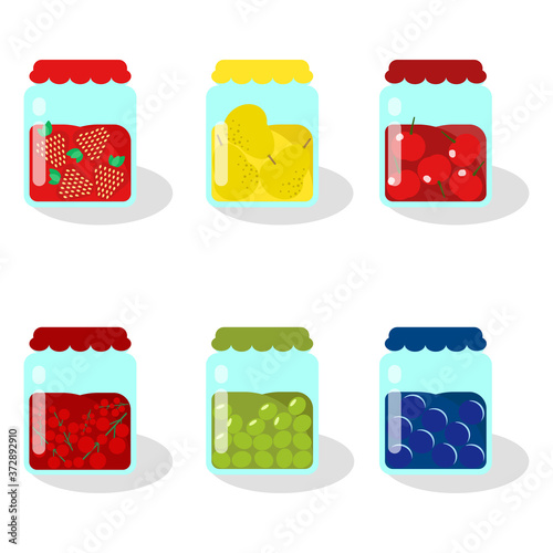 Flat canned jam collection isolated vector illustration. Tasty sweet fruit icon. Food set. Red berry, raspberry, blueberry, apricot, apple. Kitchen background.