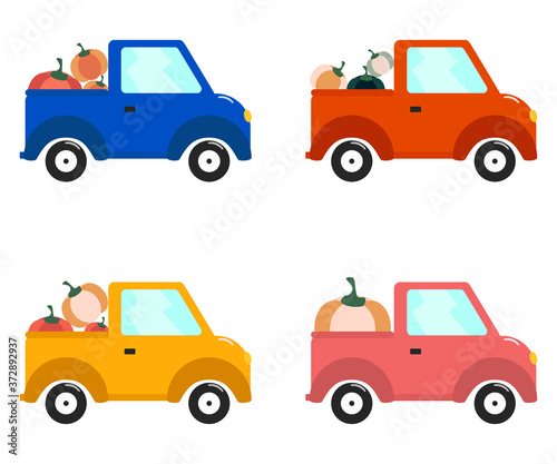 Flat car collection whith pumpkin for concept design isolated vector illustration. Fall celebration. Autumn festival. Holiday decoration.