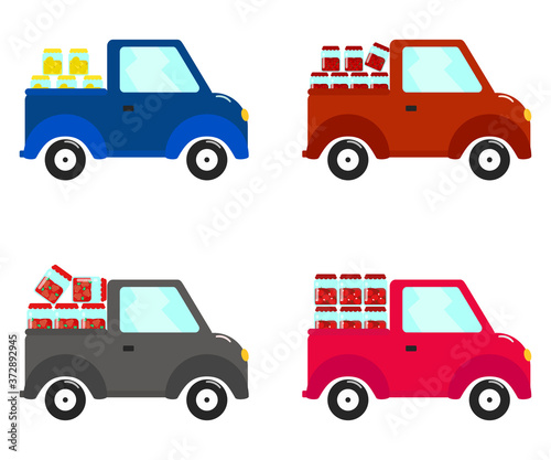 Flat car whith canned jam in cartoon style. Fall concept. Design template isolated vector illustration. Color auto collection. Thanksgiving day set. Holiday background.