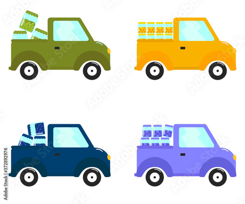 Flat car whith canned jam in cartoon style. Fall concept. Design template isolated vector illustration. Color auto collection. Thanksgiving day set. Holiday background.