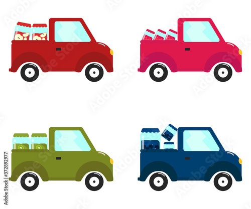 Flat car whith canned jam in cartoon style. Fall concept. Design template isolated vector illustration. Color auto collection. Thanksgiving day set. Holiday background.
