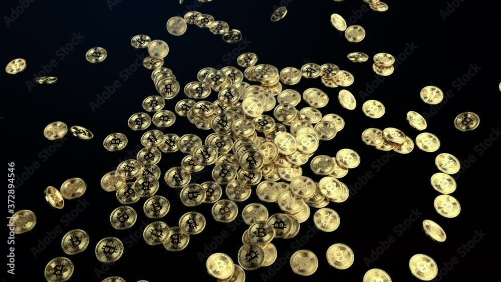 Golden bitcoins fall down on pile and roll. Black background 4K, 3d animation Golden bitcoins fall down on pile and roll. Black background 4K, 3d animation