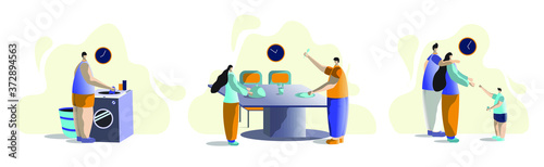 Husband helping wife in household works and spending sweet times with family during lock down. Three sets of cute isolated cartoon vector illustrations with different activities in different times.