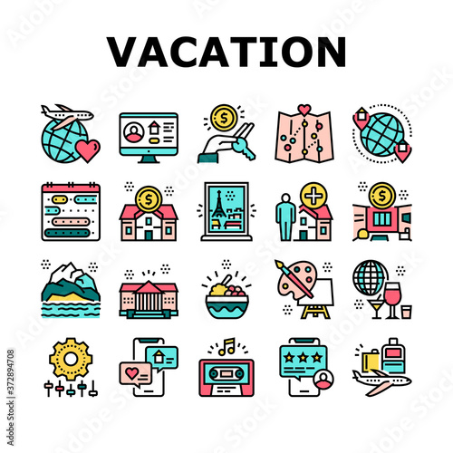 Vacation Rentals Place Collection Icons Set Vector. Vacation And Travel, Audio Guide Cassette And Calendar, House And Apartment Rent Color Contour Illustrations