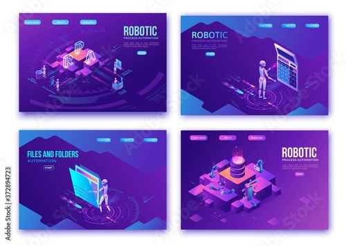 Robotic process automation landing page template with robots working with data, arms moving files, extracting information from websites, digital technology service, 3d isometric vector illustration