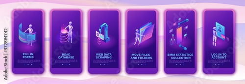 Robotic process automation mobile app template set with robots working with data, arms moving files, extracting information, digital technology service, 3d isometric vector illustration