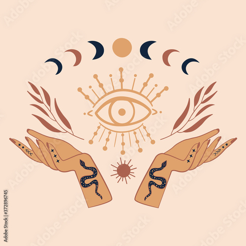 Mystical goddess hands,evil eye, celestial symbols of moon phase vector illustration. Esoteric, spiritual, wicca occult inspired concept. Perfect for Tshirt graphic, cards etc.