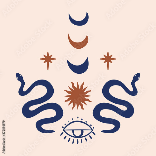 Occult mystic illustration, graphic design tattoo. Esoteric sign alchemy, decorative style,evil eye, snake, crescent moon, sun and stars
