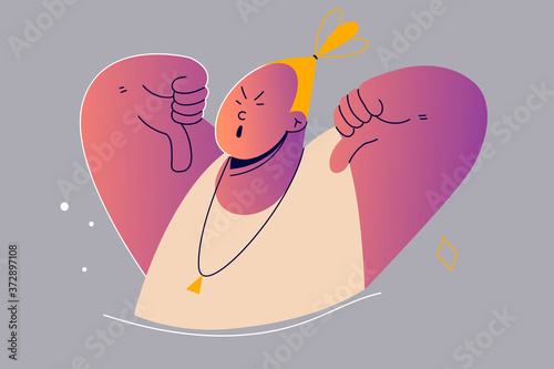 Emotion, face, dislike, negativity, disapproval concept. Young angry unhappy frustrated woman girl teenager cartoon character standing showing thumbs down. Negative facial expression illustration.