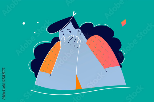 Emotion, facial, expression, fear, gossip, silence concept. Serious young woman covering mouth with both hands keeping secret. Silence spreading rumors or some confidential information illustration.
