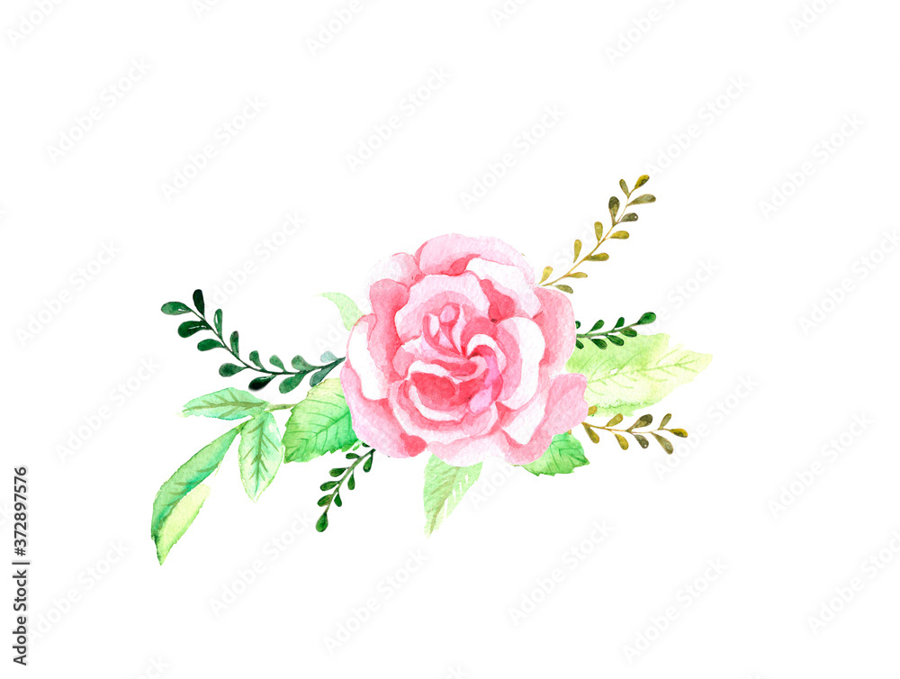 Watercolor flower, red rose, leaves and branches in pink and gold tones. Decorative wreath is ideal for making postcards, wedding invitations. Watercolor flower, red rose, leaves and branches in pink and gold tones. Decorative wreath is ideal for making postcards, wedding invitations.
