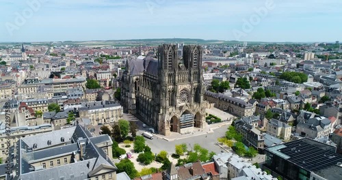 France, Marne, Reims, Aerial view of Notre-Dame de Reims cathedral, listed as World Heritage by UNESCO