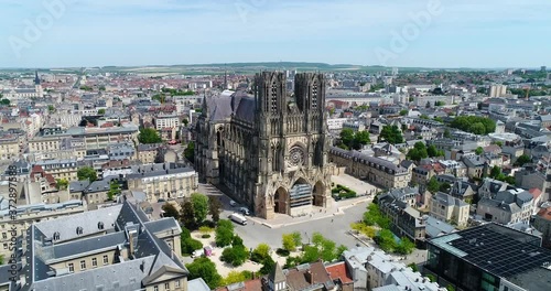 France, Marne, Reims, Aerial view of Notre-Dame de Reims cathedral, listed as World Heritage by UNESCO photo