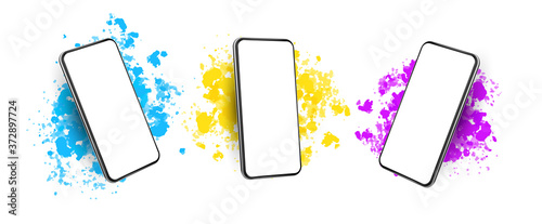 Smartphone mockup template with blank screen and colorful paint splashes – vector set on white background