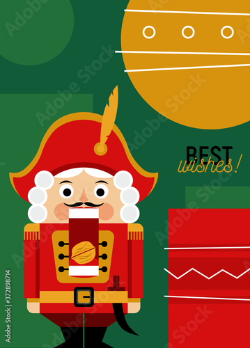 Christmas greeting card with nutcracker and gifts